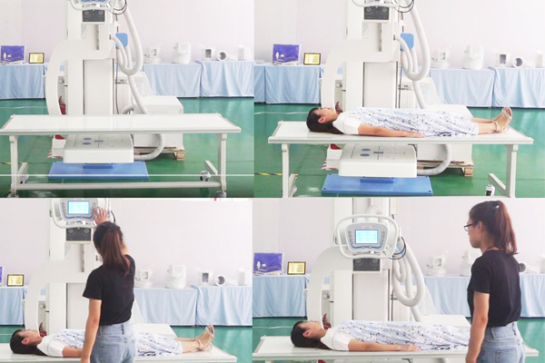 UC arm X-ray machine in use: table positioning, supine and upright examinations, hand-held console operation
